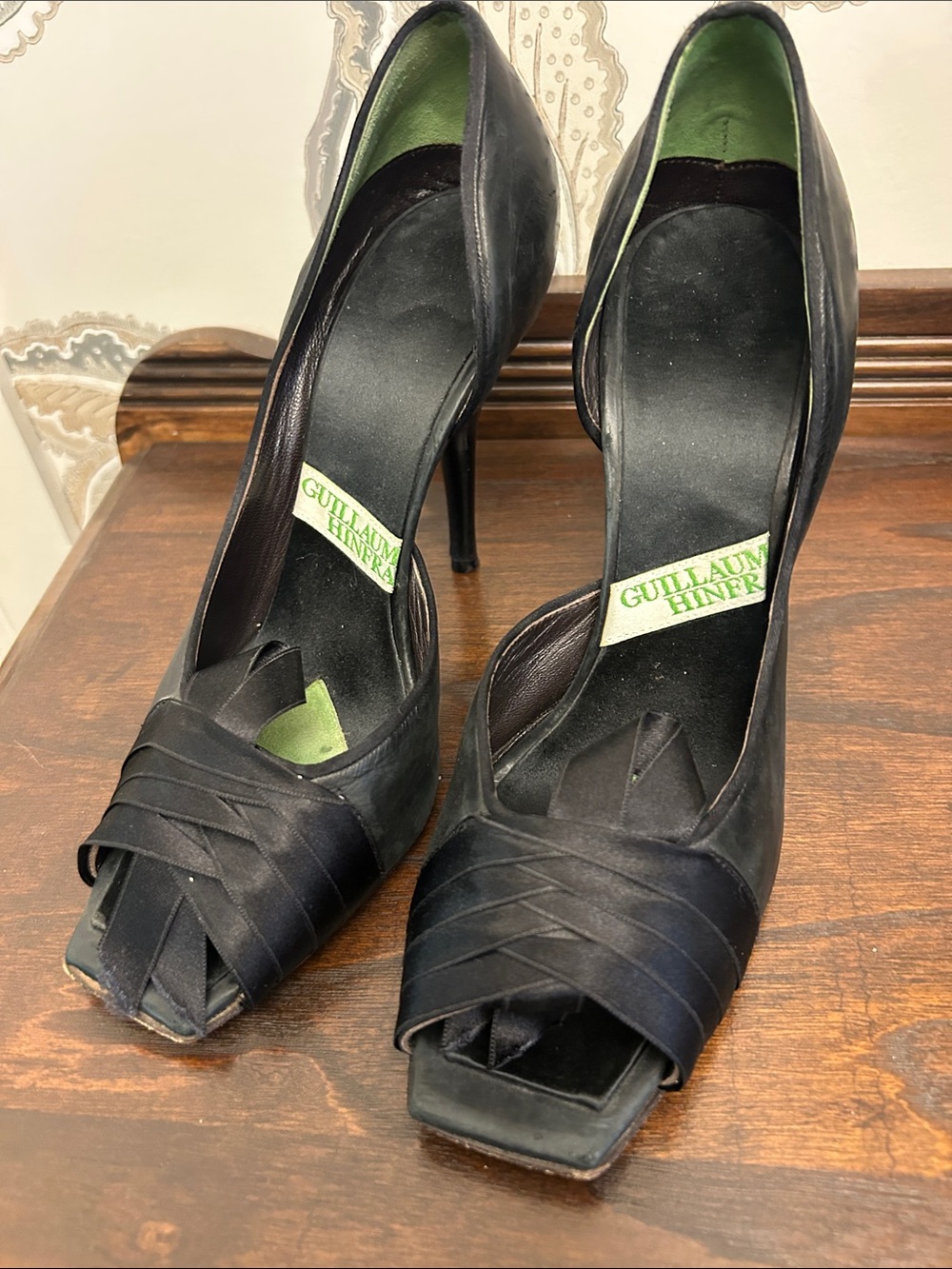 Guillaume Hinfré Black Satin Peep-Toe Stiletto Heels